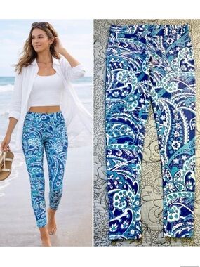 COOLIBAR Monterey Morada Aqua Blue Paisley UPF 50 Leggings Sun Protection~S💛